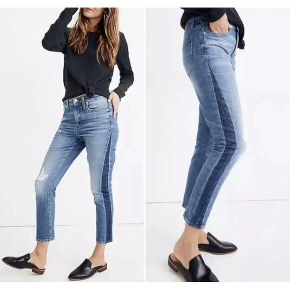 Madewell Jeans Womens 28T Hi-Rise Slim Boy Two Tone Denim Ankle Distressed Boho - Picture 1 of 13
